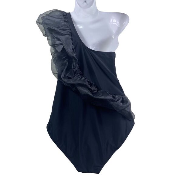 One Shoulder Black Ruffle Trim One Piece Swimsuit - Picture 2 of 10